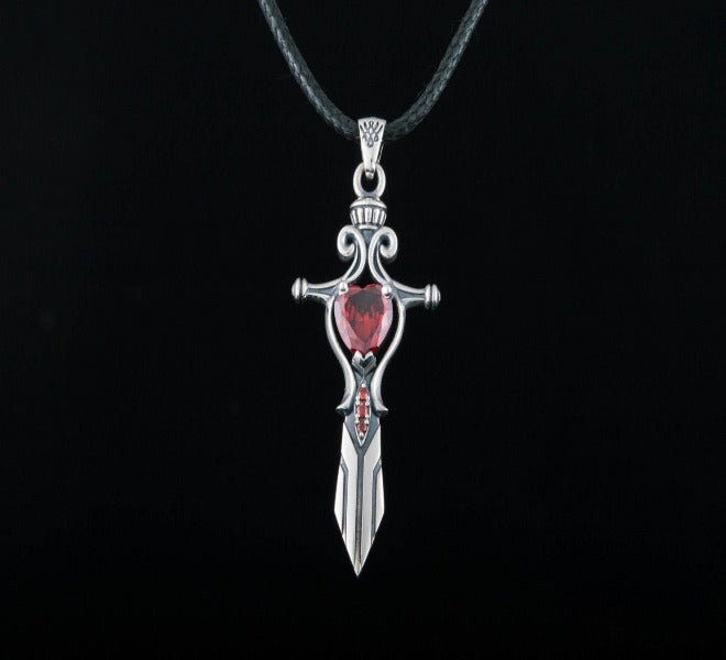 Norse Sword with Red Cubic Zirconia Pendant Sterling Silver Handmade Jewelry