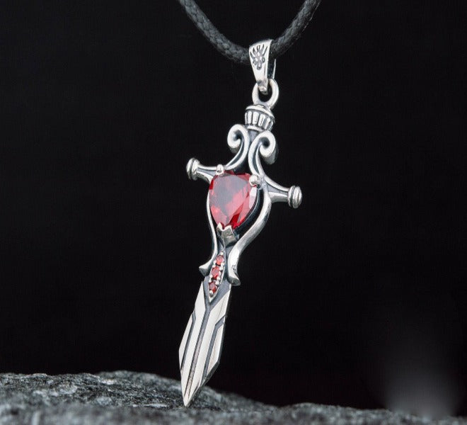 Norse Sword with Red Cubic Zirconia Pendant Sterling Silver Handmade Jewelry