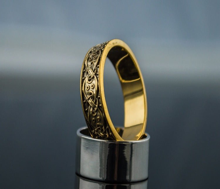 14K Gold Viking Ring with Scandinavian Ornament Unique Jewelry