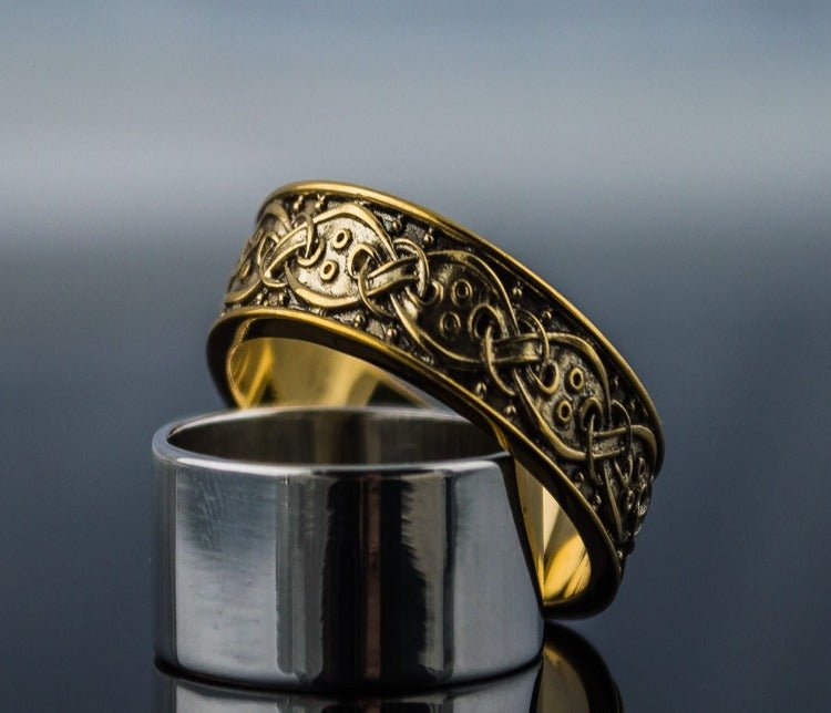 14K Gold Viking Ring with Scandinavian Ornament Unique Jewelry