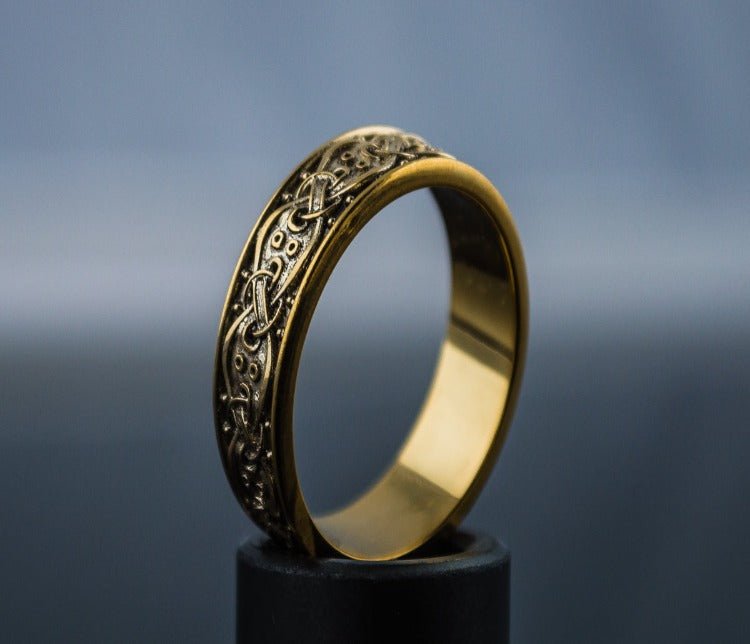 14K Gold Viking Ring with Scandinavian Ornament Unique Jewelry