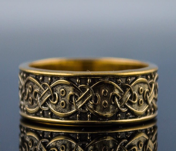 14K Gold Viking Ring with Scandinavian Ornament Unique Jewelry