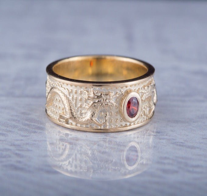 14K Gold Ring with Dragon and Red Cubic Zirconia Jewelry