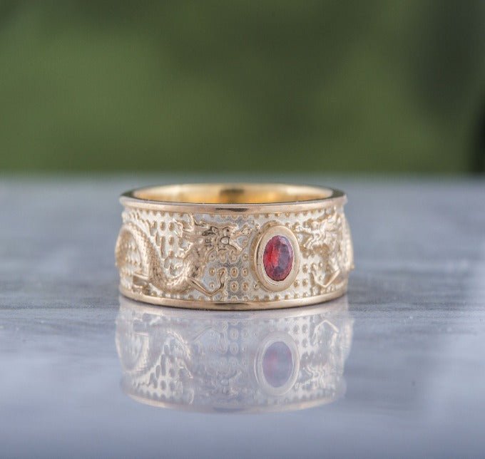 14K Gold Ring with Dragon and Red Cubic Zirconia Jewelry