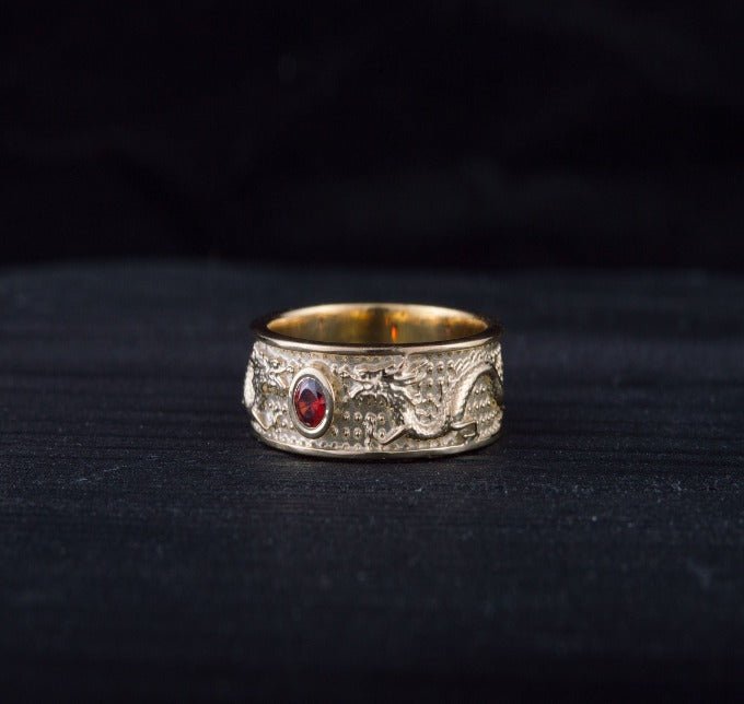 14K Gold Ring with Dragon and Red Cubic Zirconia Jewelry