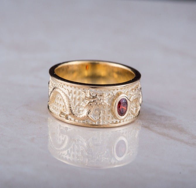 14K Gold Ring with Dragon and Red Cubic Zirconia Jewelry