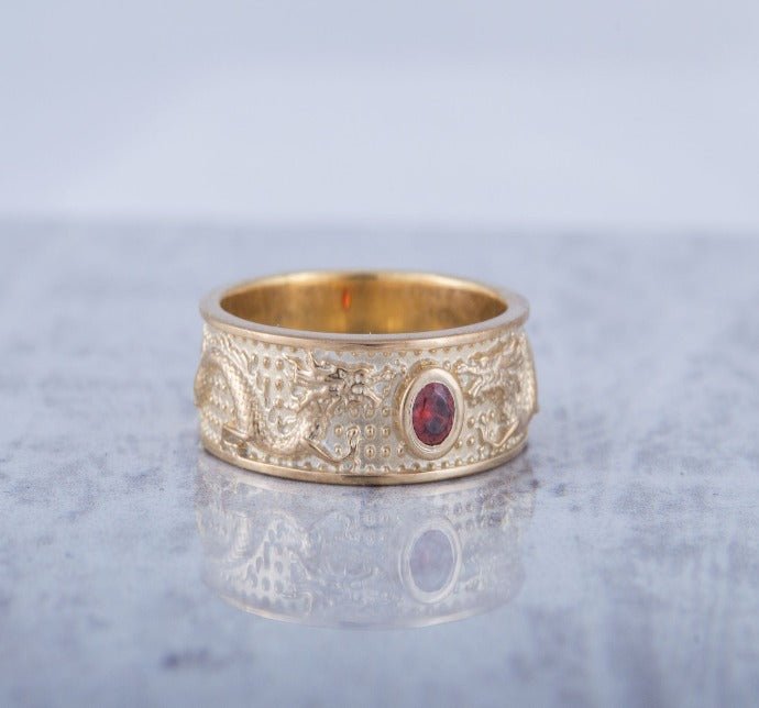 14K Gold Ring with Dragon and Red Cubic Zirconia Jewelry