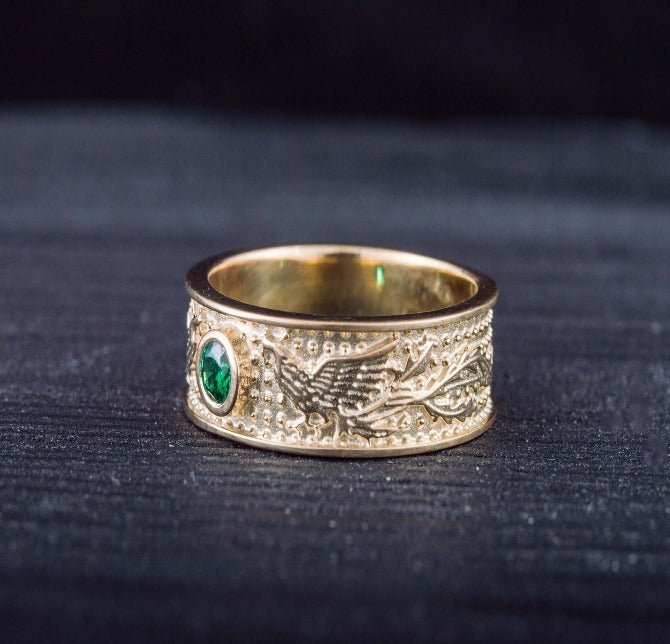 14K Gold Ring with Firebird and Green Cubic Zirconia Jewelry