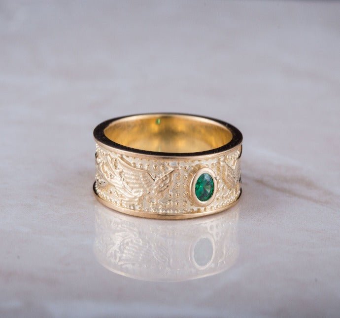 14K Gold Ring with Firebird and Green Cubic Zirconia Jewelry