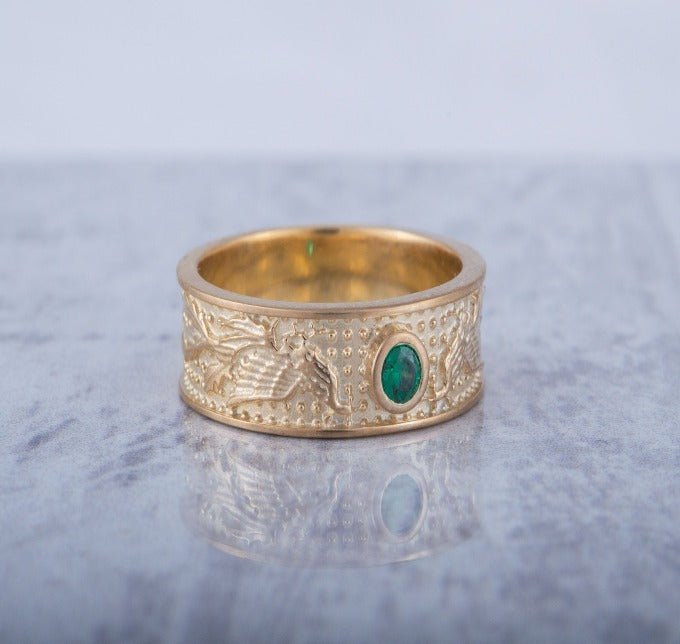 14K Gold Ring with Firebird and Green Cubic Zirconia Jewelry