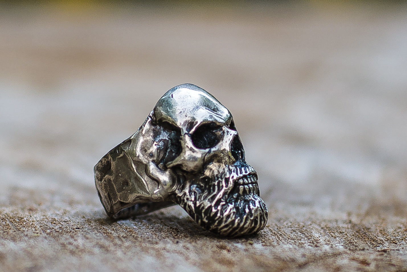 Bearded Skull Sterling Silver Unique Ring Biker Jewelry