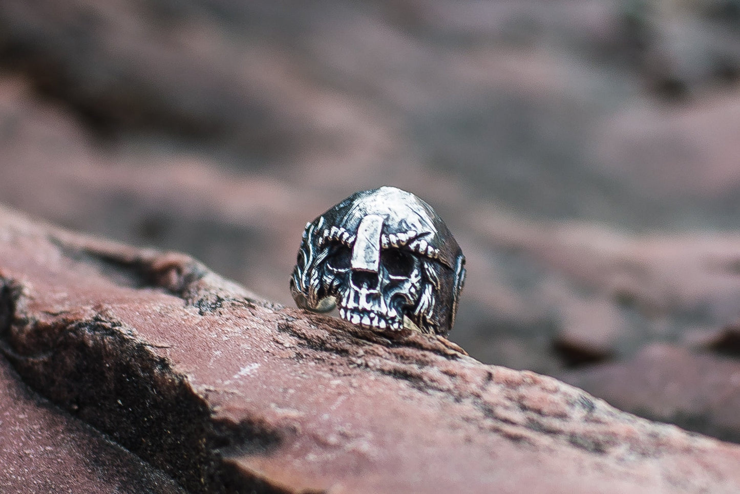 Skull with Helmet Sterling Silver Unique Ring Biker Jewelry