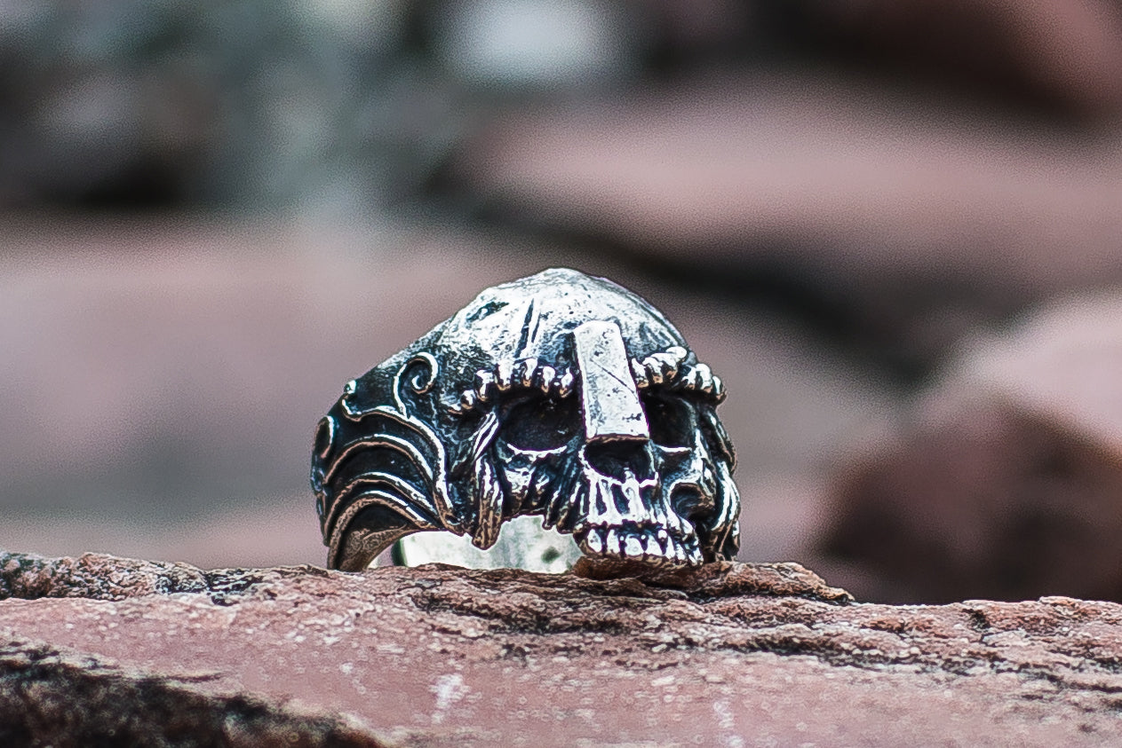 Skull with Helmet Sterling Silver Unique Ring Biker Jewelry