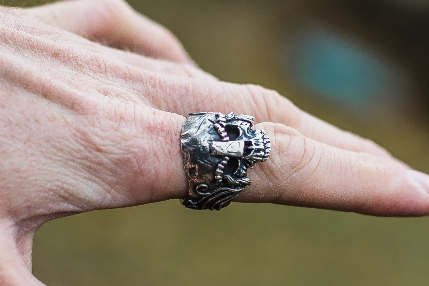 Skull with Helmet Sterling Silver Unique Ring Biker Jewelry