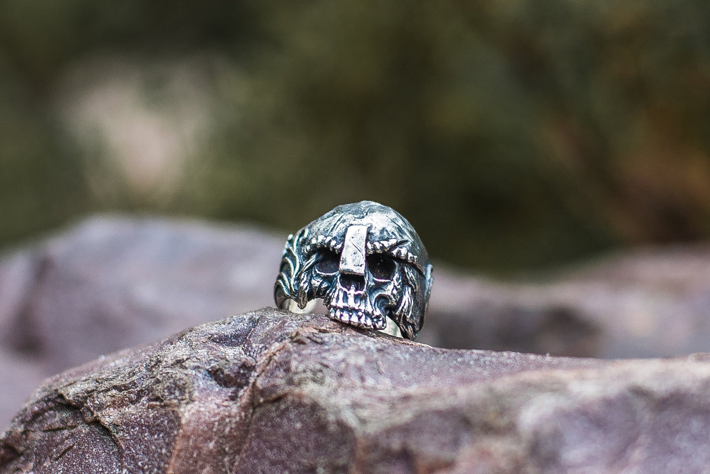 Skull with Helmet Sterling Silver Unique Ring Biker Jewelry