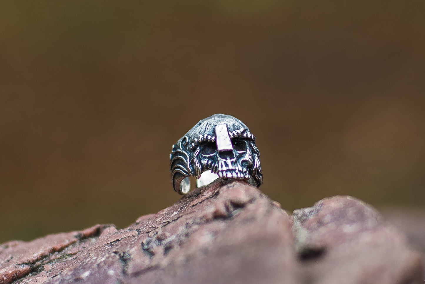 Skull with Helmet Sterling Silver Unique Ring Biker Jewelry