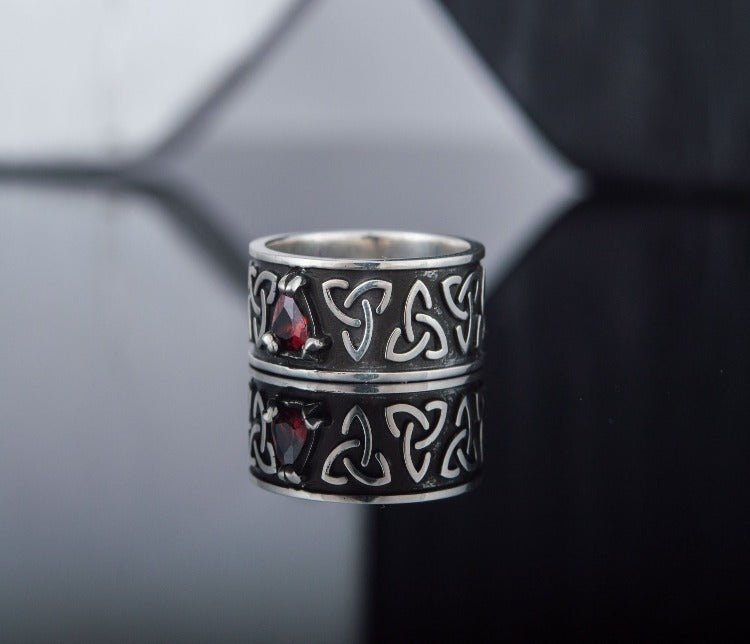 Triquetra Symbol Ring with Red Cubic Zirconia Sterling Silver Celtic Jewelry