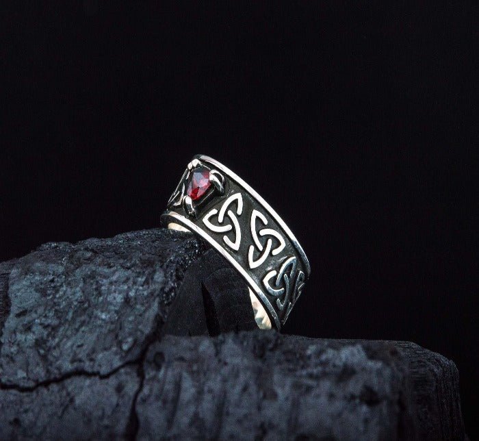 Triquetra Symbol Ring with Red Cubic Zirconia Sterling Silver Celtic Jewelry