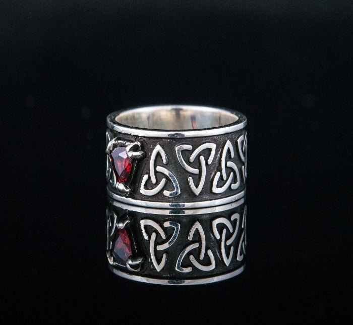 Triquetra Symbol Ring with Red Cubic Zirconia Sterling Silver Celtic Jewelry