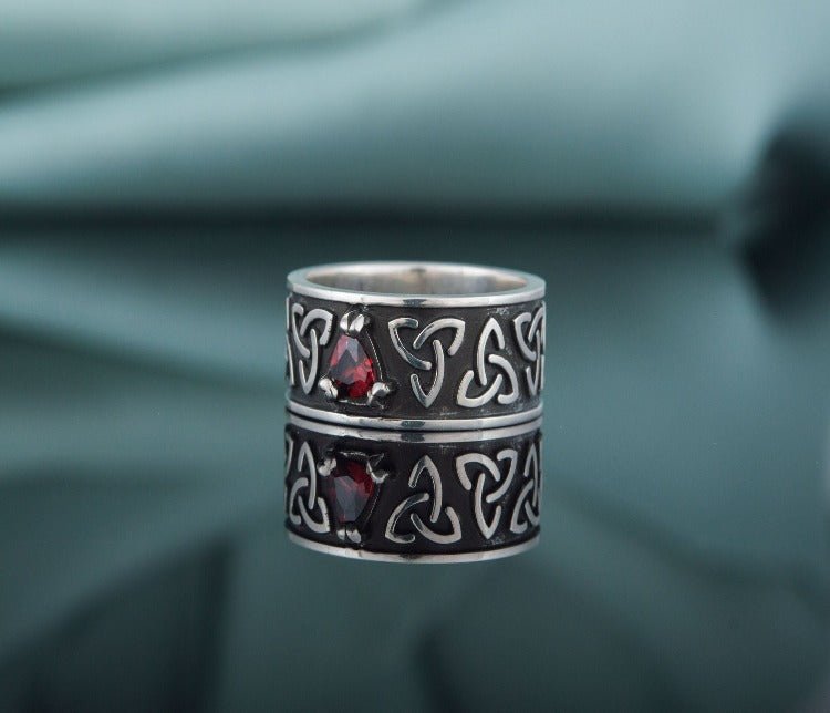 Triquetra Symbol Ring with Red Cubic Zirconia Sterling Silver Celtic Jewelry