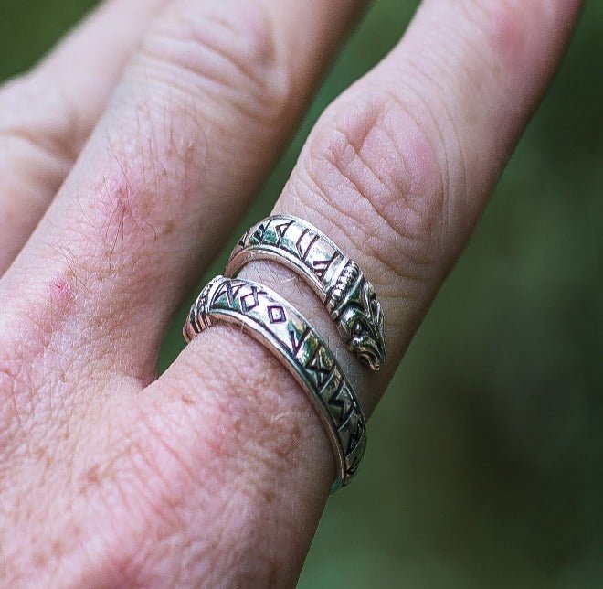 Ouroboros Ring with Elder Futhark Runes Sterling Silver Handmade Viking Jewelry