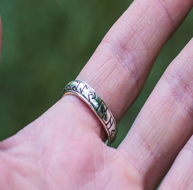 Ouroboros Ring with Elder Futhark Runes Sterling Silver Handmade Viking Jewelry