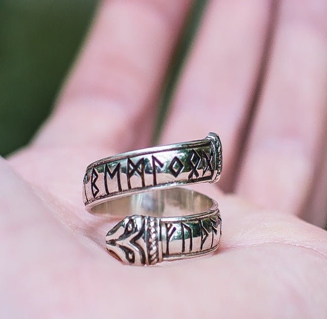 Ouroboros Ring with Elder Futhark Runes Sterling Silver Handmade Viking Jewelry