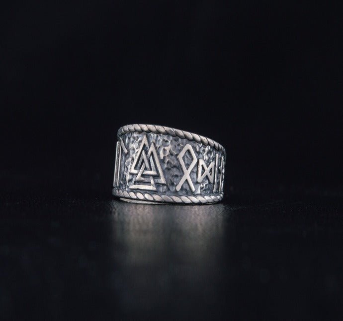 Valknut Symbol With HAIL ODIN Runes Sterling Silver Pagan Ring