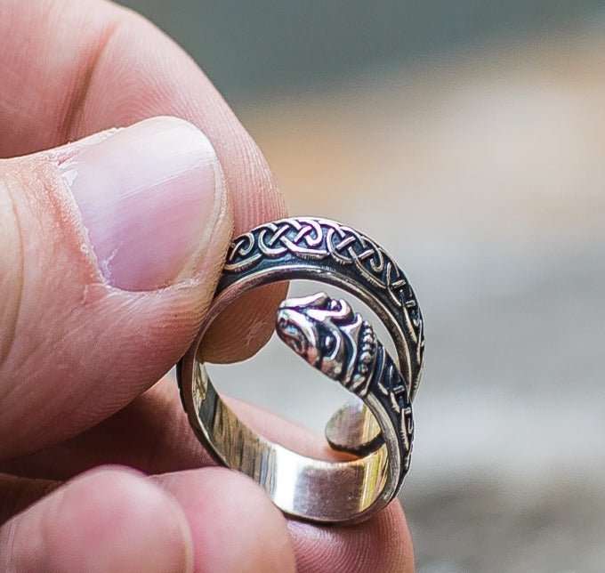 Jormungand Ring with Viking Ornament Sterling Silver Viking Jewelry