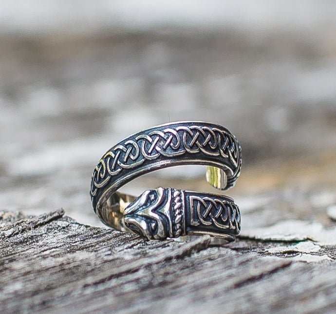 Jormungand Ring with Viking Ornament Sterling Silver Viking Jewelry