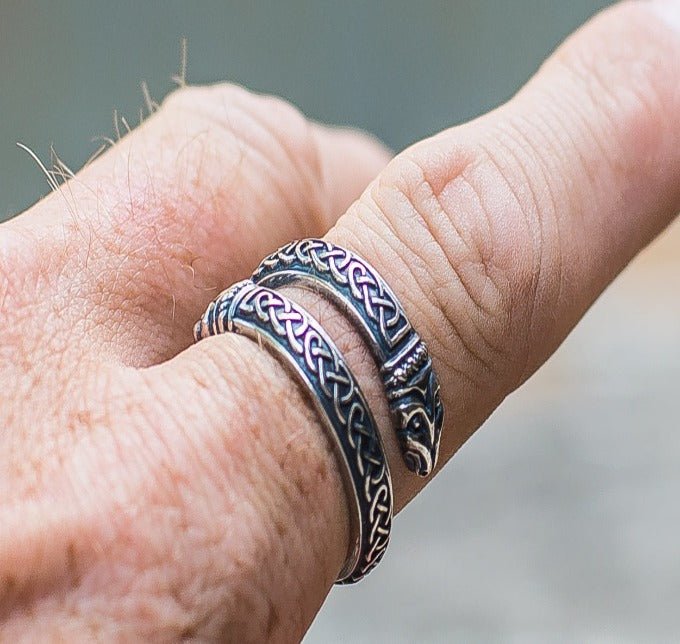 Jormungand Ring with Viking Ornament Sterling Silver Viking Jewelry