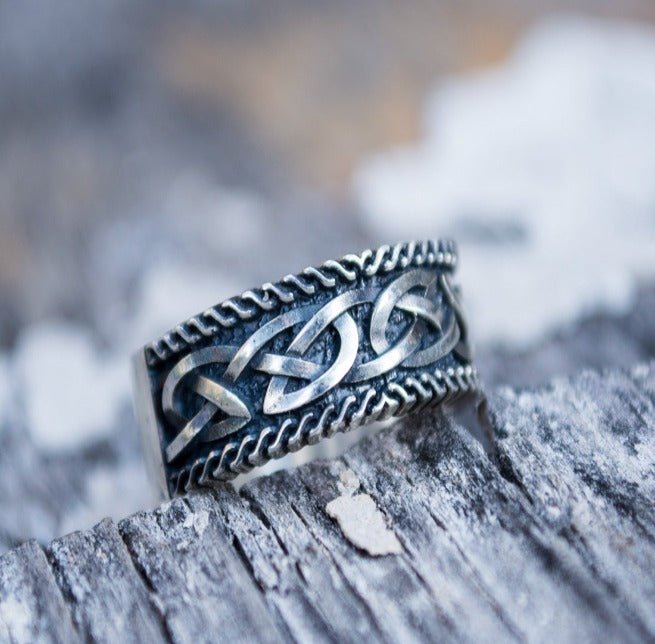 Unique Viking Ring with Norse Ornament Sterling Silver Handcrafted Jewelry