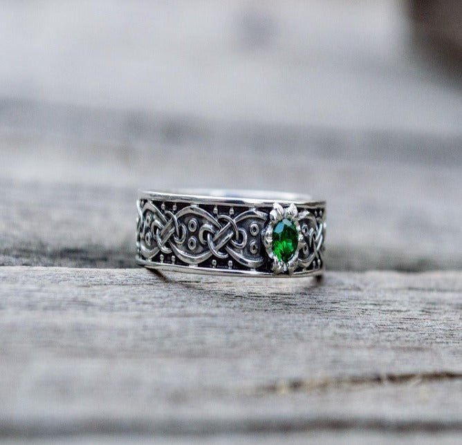 Viking Ring with Scandinavian Ornament and Cubic Zirconia Sterling Silver Unique Jewelry