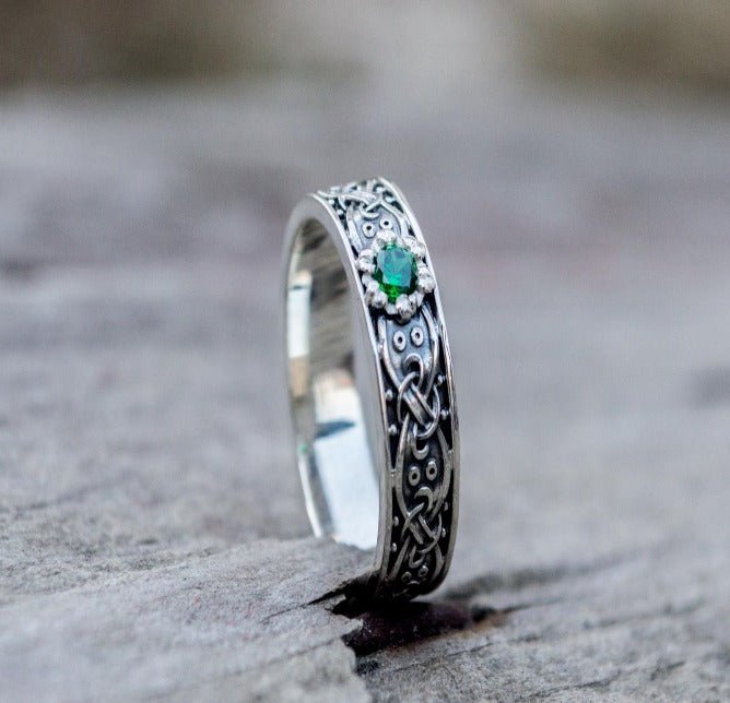 Viking Ring with Scandinavian Ornament and Cubic Zirconia Sterling Silver Unique Jewelry