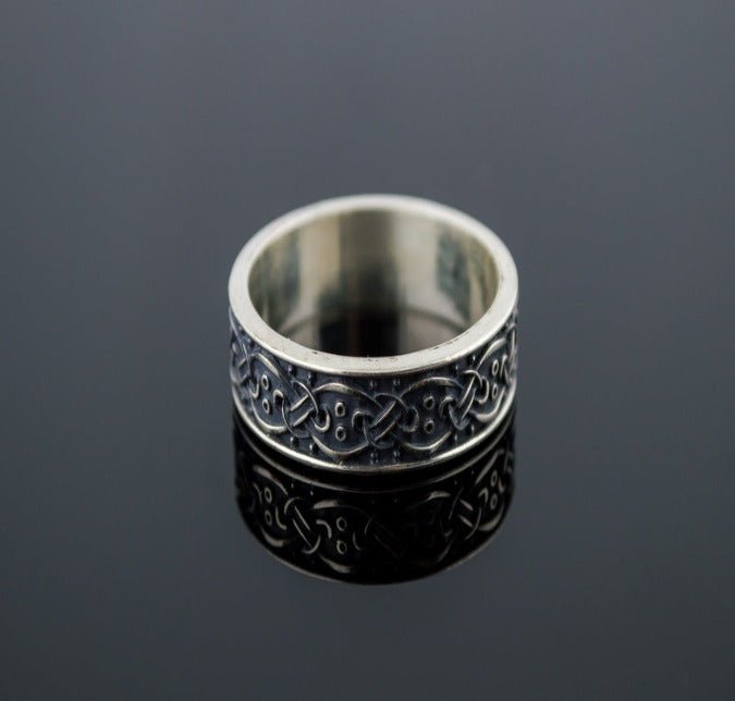 Viking Ring with Scandinavian Ornament Sterling Silver Unique Jewelry