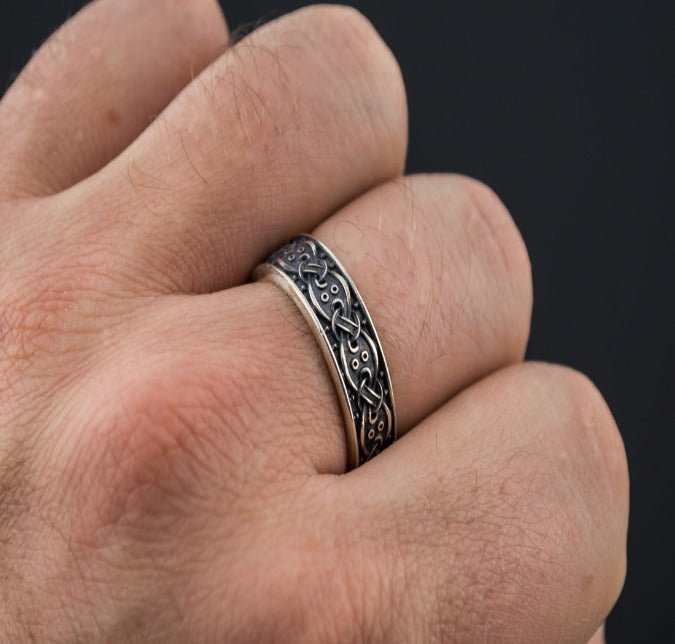 Viking Ring with Scandinavian Ornament Sterling Silver Unique Jewelry