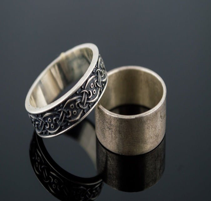 Viking Ring with Scandinavian Ornament Sterling Silver Unique Jewelry