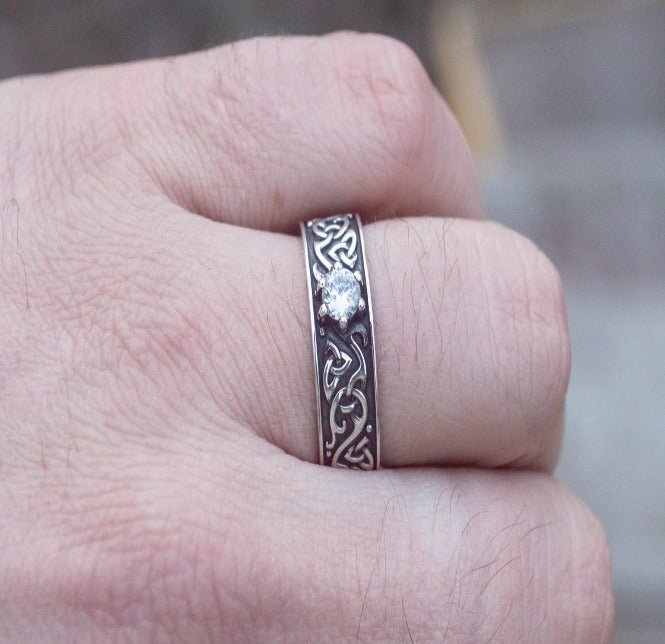 Beautiful Ornament Ring with White Cubic Zirconia Sterling Silver Viking Jewelry