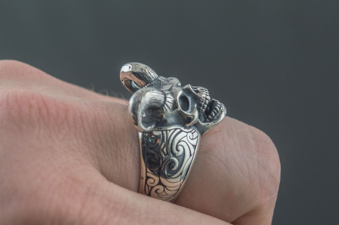 Skull with Horns Ring Sterling Silver Handmade Jewelry