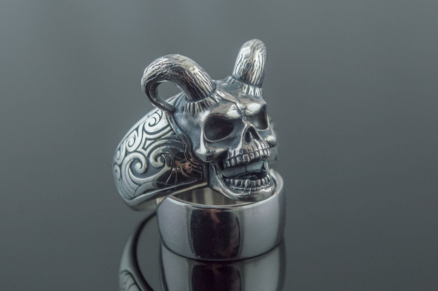 Skull with Horns Ring Sterling Silver Handmade Jewelry