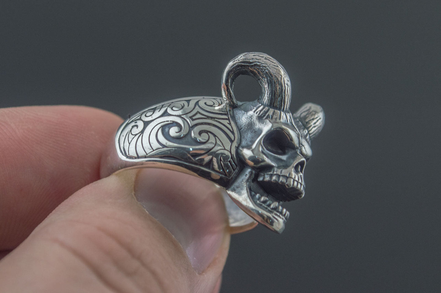 Skull with Horns Ring Sterling Silver Handmade Jewelry