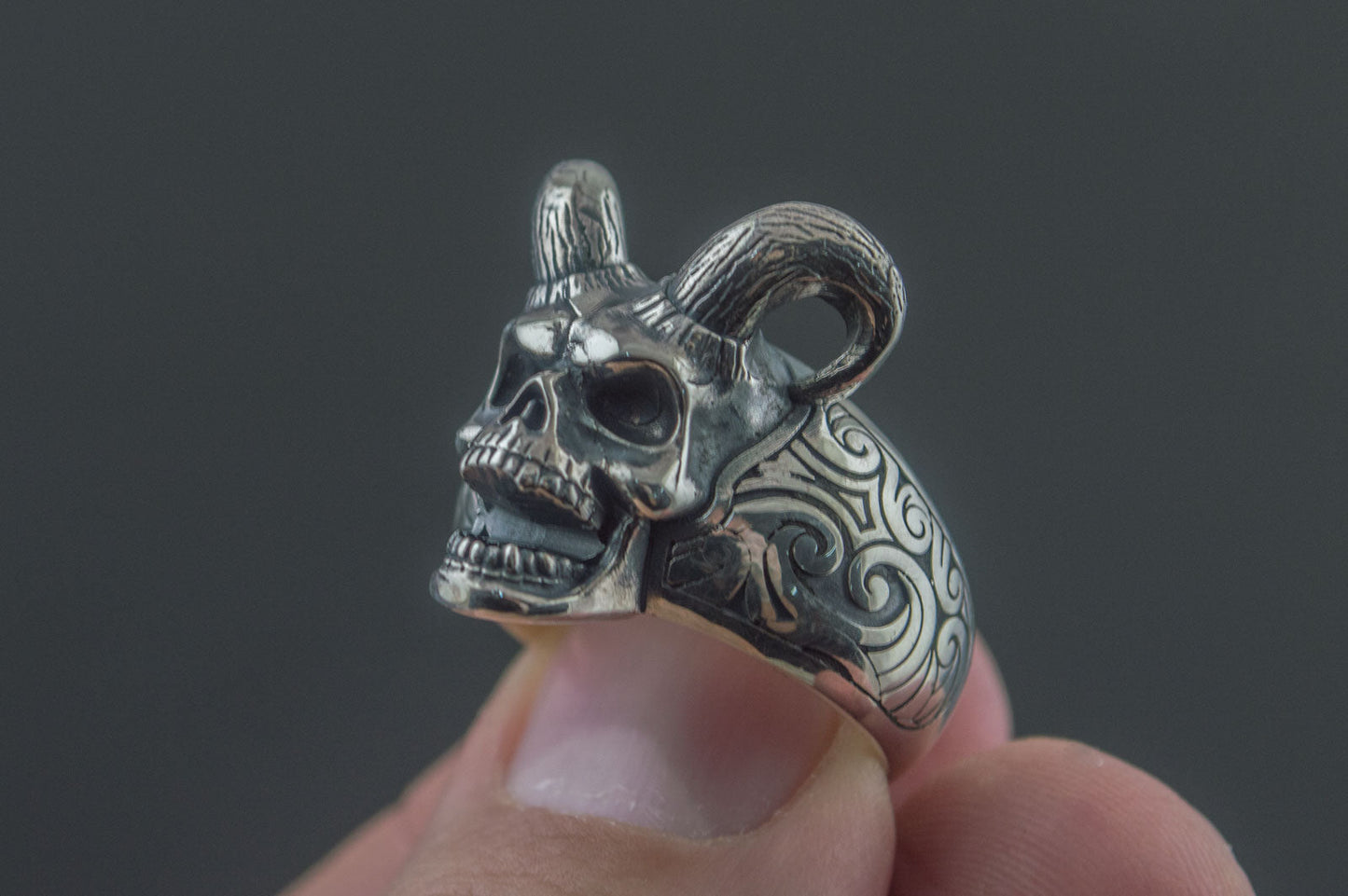 Skull with Horns Ring Sterling Silver Handmade Jewelry