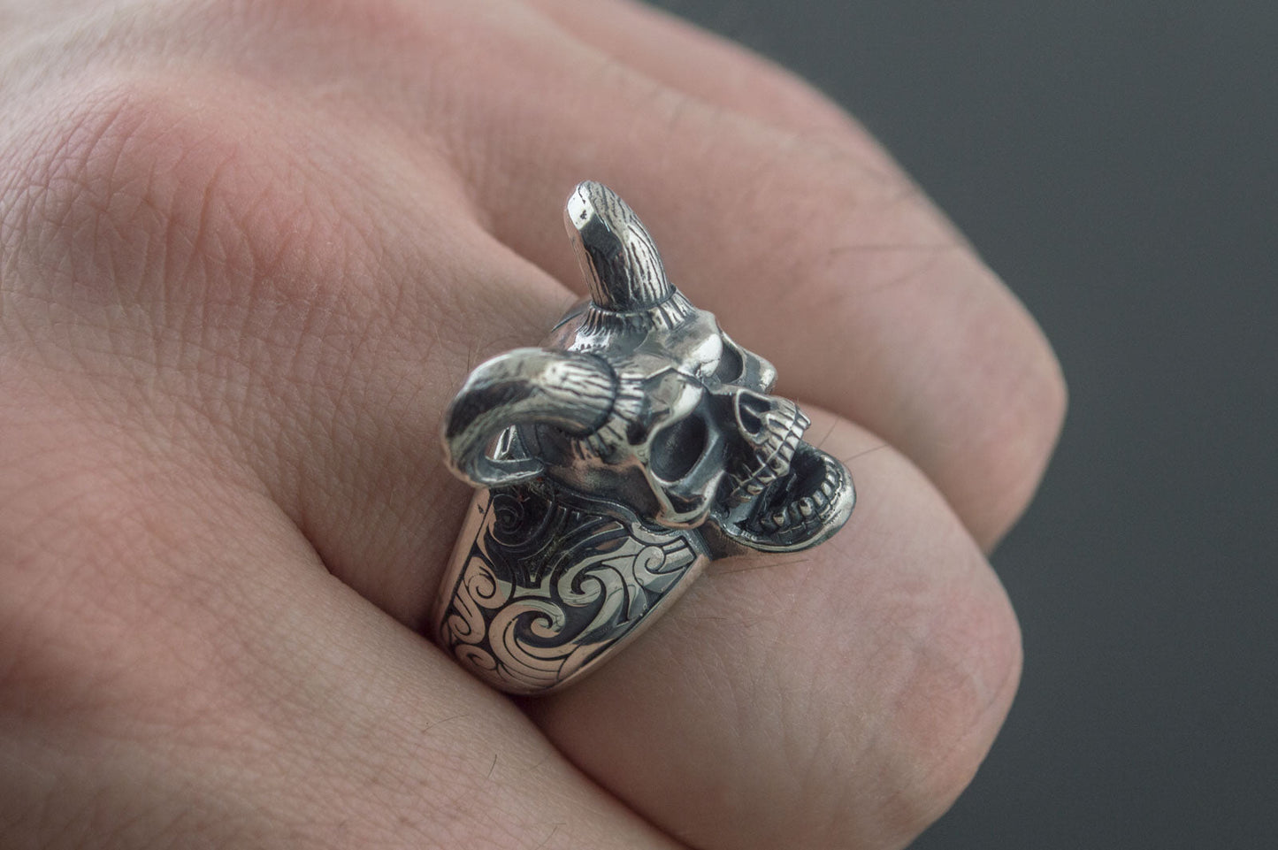 Skull with Horns Ring Sterling Silver Handmade Jewelry