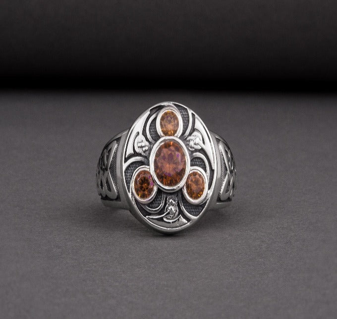 Unique Ancient Norse ring With triquetra and gems, handcrafted jewelry with Celtic ornament