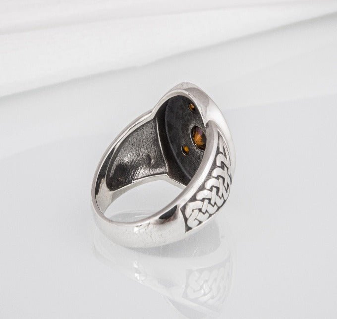 Unique Ancient Norse ring With triquetra and gems, handcrafted jewelry with Celtic ornament