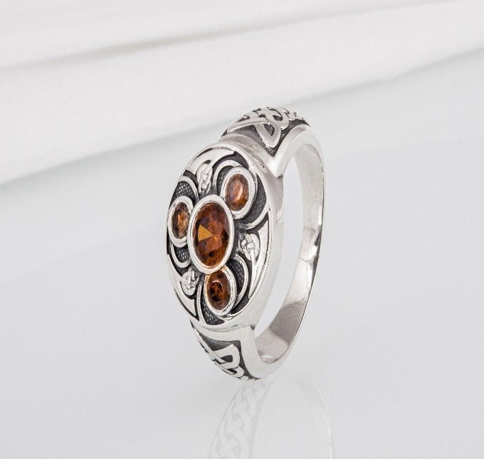 Unique Ancient Norse ring With triquetra and gems, handcrafted jewelry with Celtic ornament