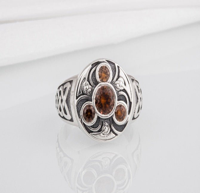 Unique Ancient Norse ring With triquetra and gems, handcrafted jewelry with Celtic ornament