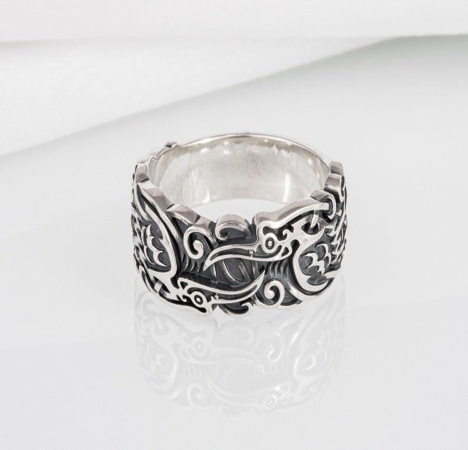 Sterling silver Viking ring with Ravens and unique ornament, handcrafted ancient style jewelry