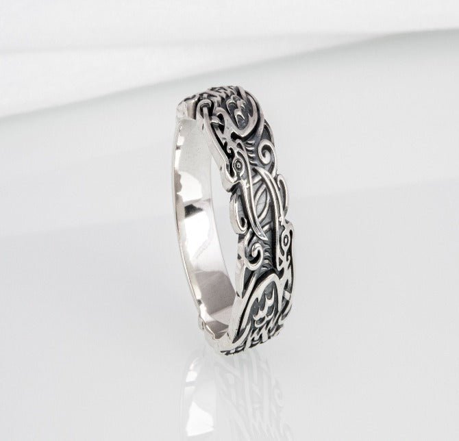 Sterling silver Viking ring with Ravens and unique ornament, handcrafted ancient style jewelry