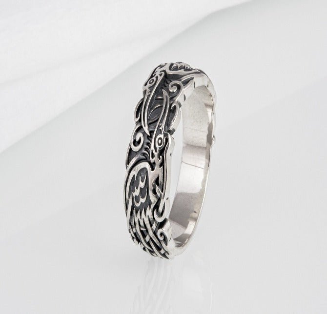 Sterling silver Viking ring with Ravens and unique ornament, handcrafted ancient style jewelry